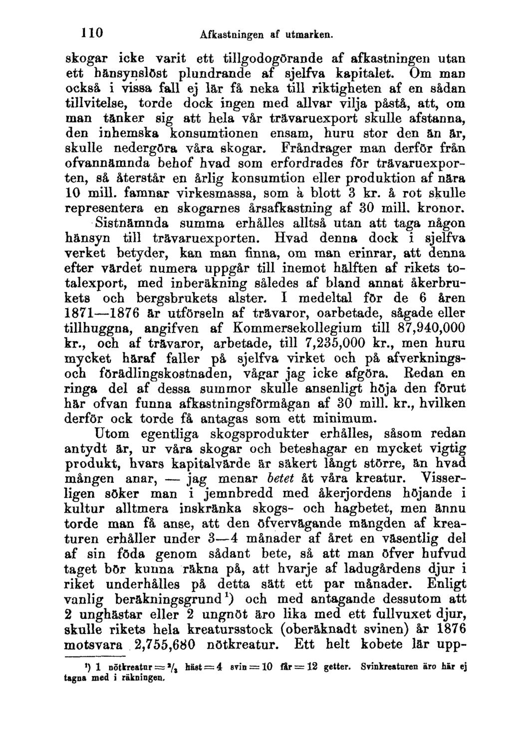 110 Afkastningen af utmarken. skogar icke varit ett tillgodogörande af afkastningen utan ett hänsynslöst plundrande af sjelfva kapitalet.