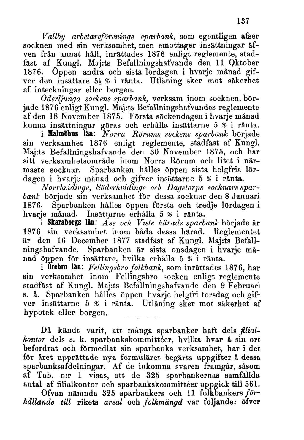 137 Vallby arbetareförenings sparbank, som egentligen afser socknen med sin verksamhet, men emottager insättningar äfven från annat håll, inrättades 1876 enligt reglemente, stadfäst af Kungl.