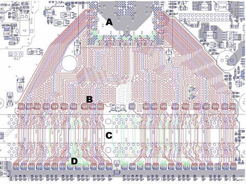 Denna PCB-layout har optimerat länden på ledarna för att undvika skillnader i fördröjning.