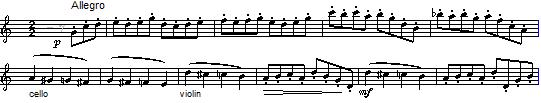 Andra satsen, Allegro, har scherzokaraktär, men är formmässigt ett rondo, ABACABA-coda Den återkommande refrängen är tydligt folkmusikinspirerad. Kanske ska man få guslimusik i tankarna.