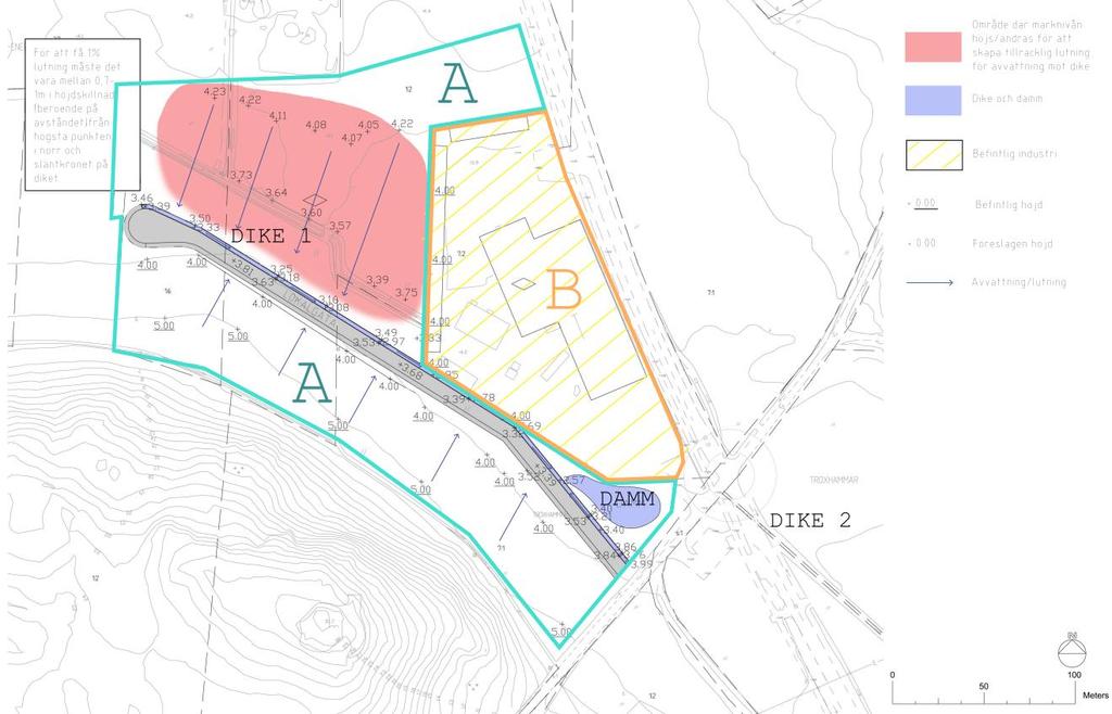 Figur 1. Skiss över detaljplaneområdet med föreslaget dike och damm samt markering för område A och B. 2.