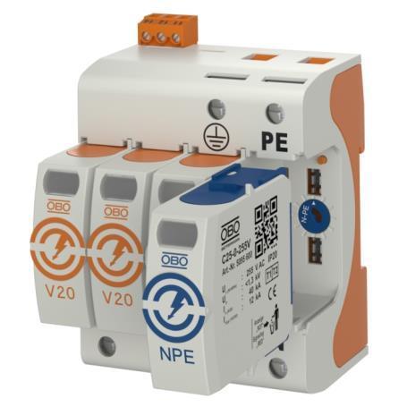 Överspänningsskydd Typ 1 (grovskydd) Typ 1+2 (grov & mellanskydd) Avledningsförmåga 12,5 ka / pol (10/350) Restspänning < 1,5 kv Klick