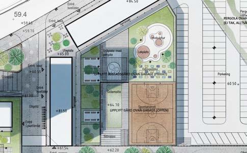 KV 02 - BOSTADSGÅRD Bostadsgården ovanpå garaget i kvarter 02 kommer erbjuda ett antal olika aktiviteter för alla åldrar, t.ex. lekplats, grillplats, sittgrupper, idrottsplan m.m. Detta bidrar till en bra kontakt mellan grannar och en levande utemiljö.