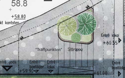 Träffpunkten definieras av höjdskillnaden mellan gågatan och busstorget, en höjdskillnad som tas upp via en sittrappa.