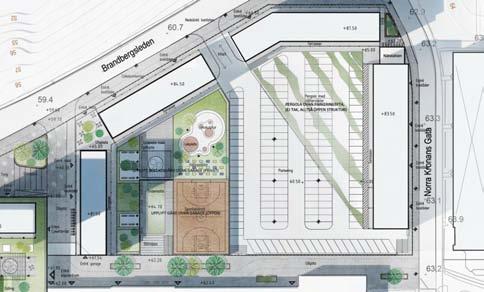 PLAN 01, KV 02 PARKERINGSYTOR Vy från ovan: Den öppna parkeringytans relation till Brandbergsleden, bostadsgård och gågata.
