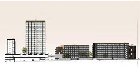 Bild 19: Sektion sedd söder ifrån. Till vänster genomskärs niovåningshuset, centrumbyggnaden och gången som leder över till kvarter 02.