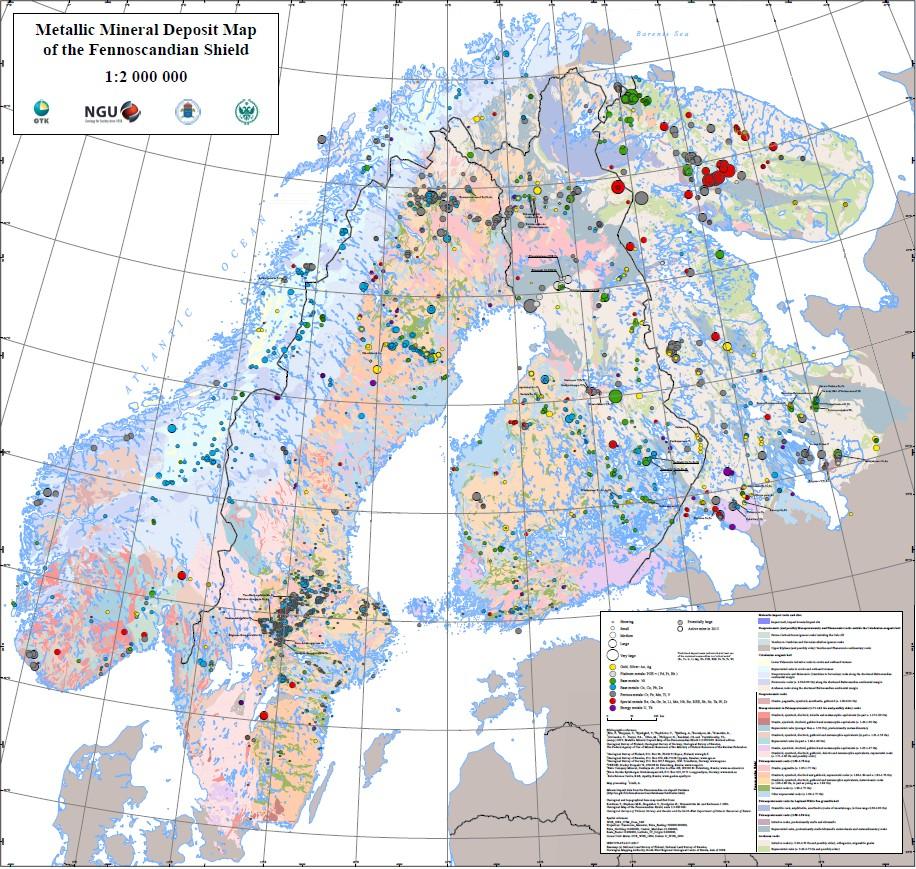 Figur 10 Karta över Fennoskandiens metallogena mineralförekomster. Symbolernas storlek korrelerar med förekomstens storlek. Legenden berättar vad de olika färgernas prickar syftar på för metalltyper.