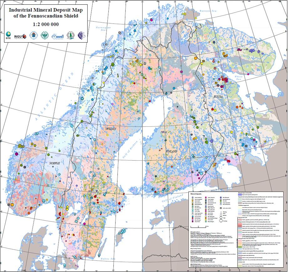 Figur 11 Karta över industrimineralförekomster i Fennoskandien. Symbolernas storlek korrelerar med förekomstens storlek.