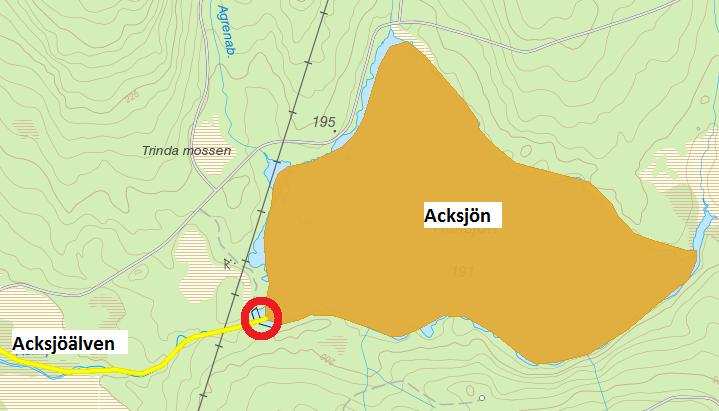 PM 10 (13) 4.4 Fisk Figur 6: Karta från VISS över Acksjön och Acksjöälven, dammen inringad med rött. Acksjön ingår i länsstyrelsens kalkningsprogram samt dess miljöövervakningsprogram.