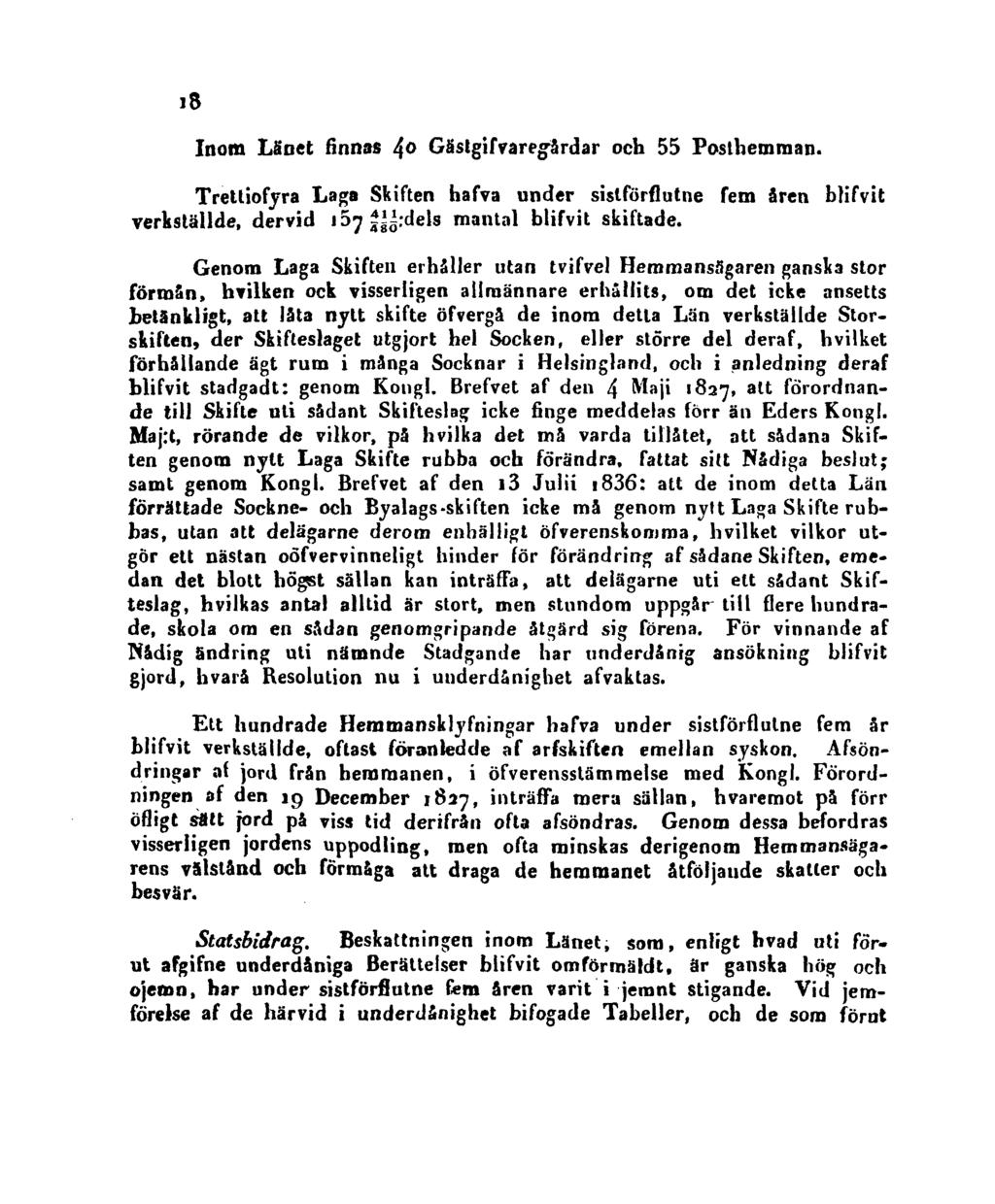 18 Inom Länet finnas 40 Gästgifvaregårdar och 55 Posthemman. Trettiofyra Laga Skiften hafva under sistförflutne fem åren blifvit verkställde, dervid157411/480 dels mantal blifvit skiftade.