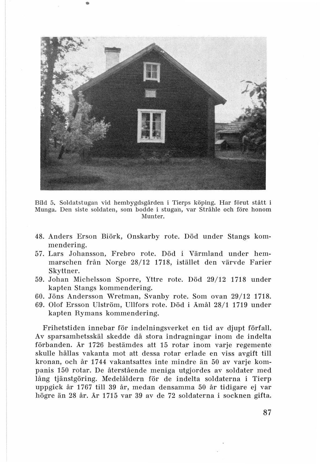 Bild 5. Soldatstugan vid hembygdsgården i Tierps köping. Har förut stått i Munga. Den siste soldaten, som bodde i stugan, var Stråhle och före honom Munter. 48. Anders Erson Biörk, Onskarby rote.