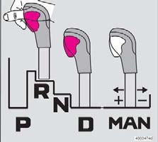06 Start och körning Automatväxellåda Växelväljarspärr Du kan alltid föra väljarspaken fritt framåt eller bakåt mellan N och D.