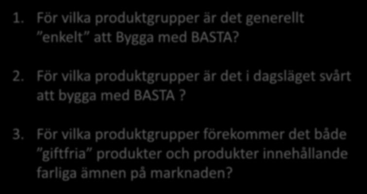 För vilka produktgrupper är det i dagsläget svårt att bygga med BASTA? 3.