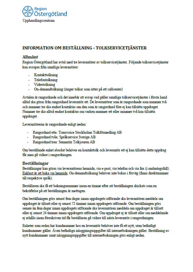 Bilaga 4 Tolkservicetjänster Vårdval Östergötland