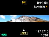Visning av panoramabild 1. Tryck på [p] (uppspelning) och använd sedan [4] och [6] till att ta fram den panoramabild som ska visas. 2. Tryck på [SET] för att starta uppspelning av vald panoramabild.