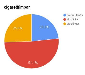 - Större skräp så som flaskor, plast och glasbitar låg längs med murarna - Fimpar och snus låg främst kring