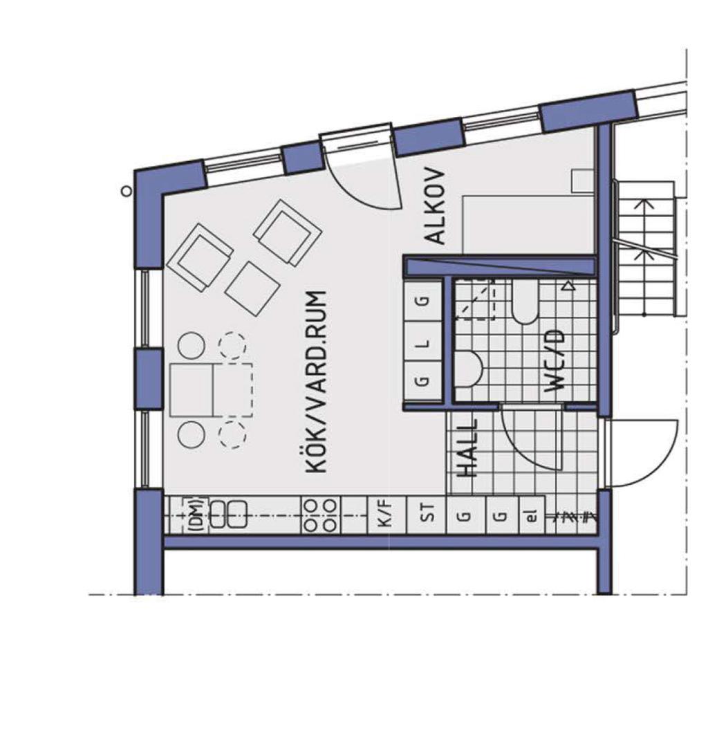 1 rok Exempel på 1 rok, 36 m2 Den klinkerbelagda hallen är yteffektiv och har ett fönster i fonden som gör att man möter dagsljuset.