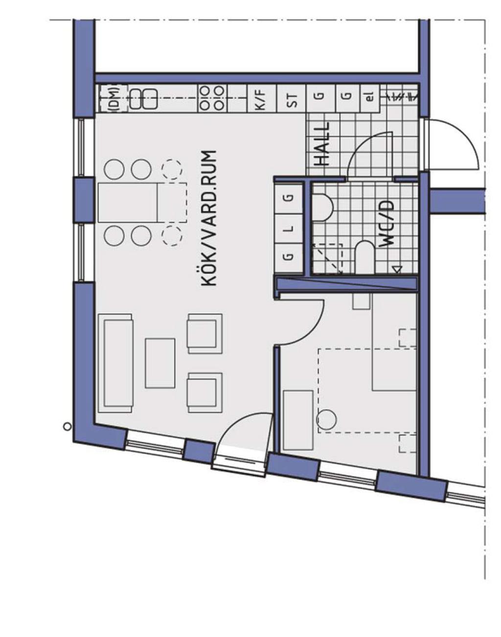 2 rok Exempel på 2 rok, 48 m2 Den klinkerbelagda hallen leder in till kök och vardagsrum. Härifrån når man wc/dusch och med ett fönster i fonden känns hallen ljus.
