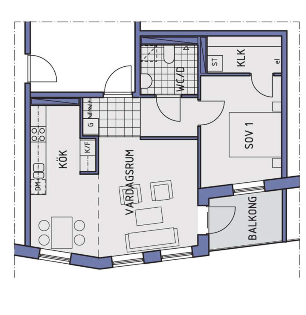 2 rok Exempel på 2 rok, 60 m2 Den klinkerbelagda centrala hallen ger utblick åt både kök, vardagsrum och sovrum. Det öppna sambandet mellan matplats och vardagsrum gör att lägenheten känns rymlig.