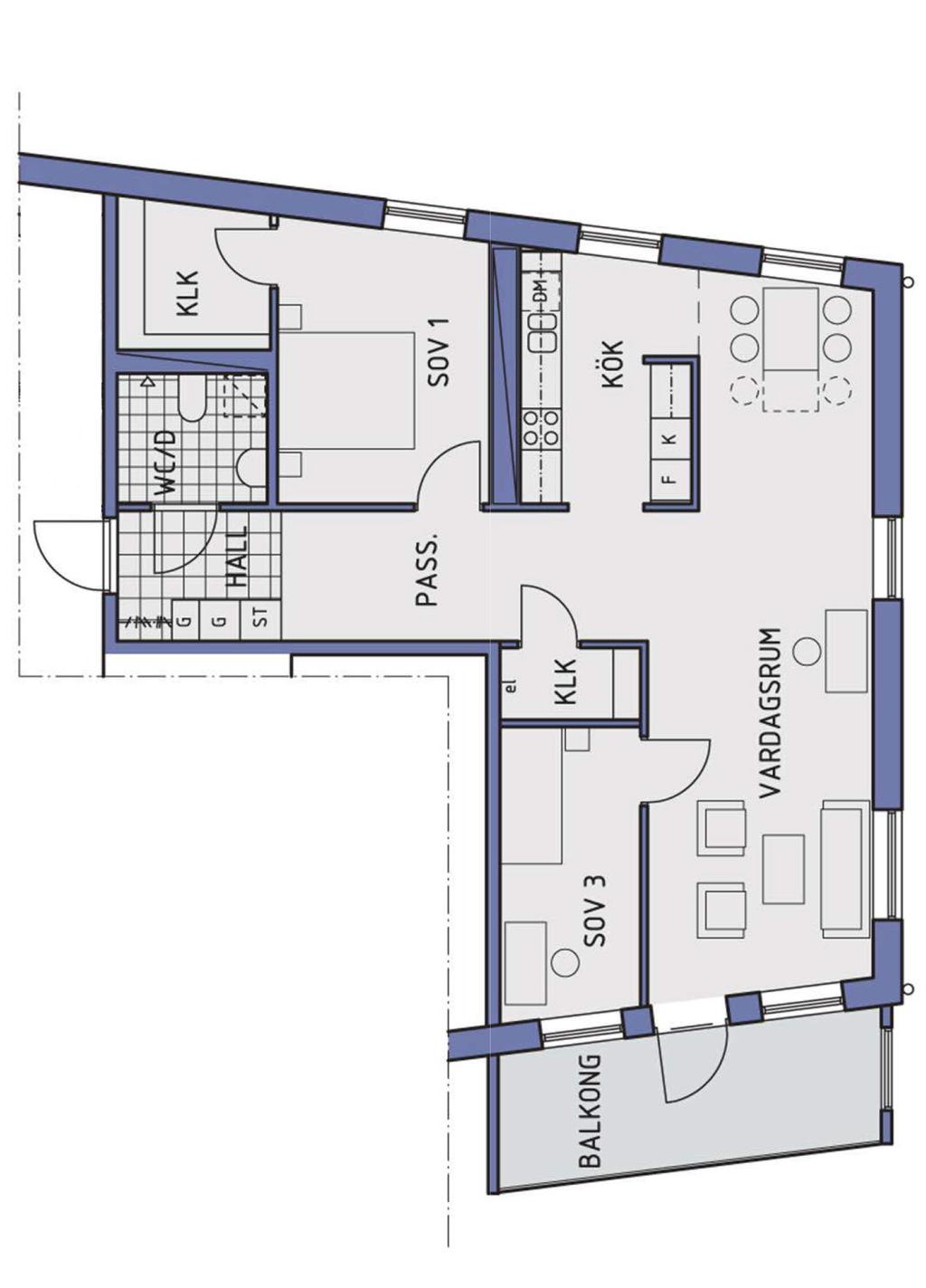 3 rok Exempel på 3 rok, 90 m2 Den klinkerbelagda hallen leder in till vardagsrummet. Härifrån når man wc/dusch och med ett fönster i fonden känns hallen ljus.