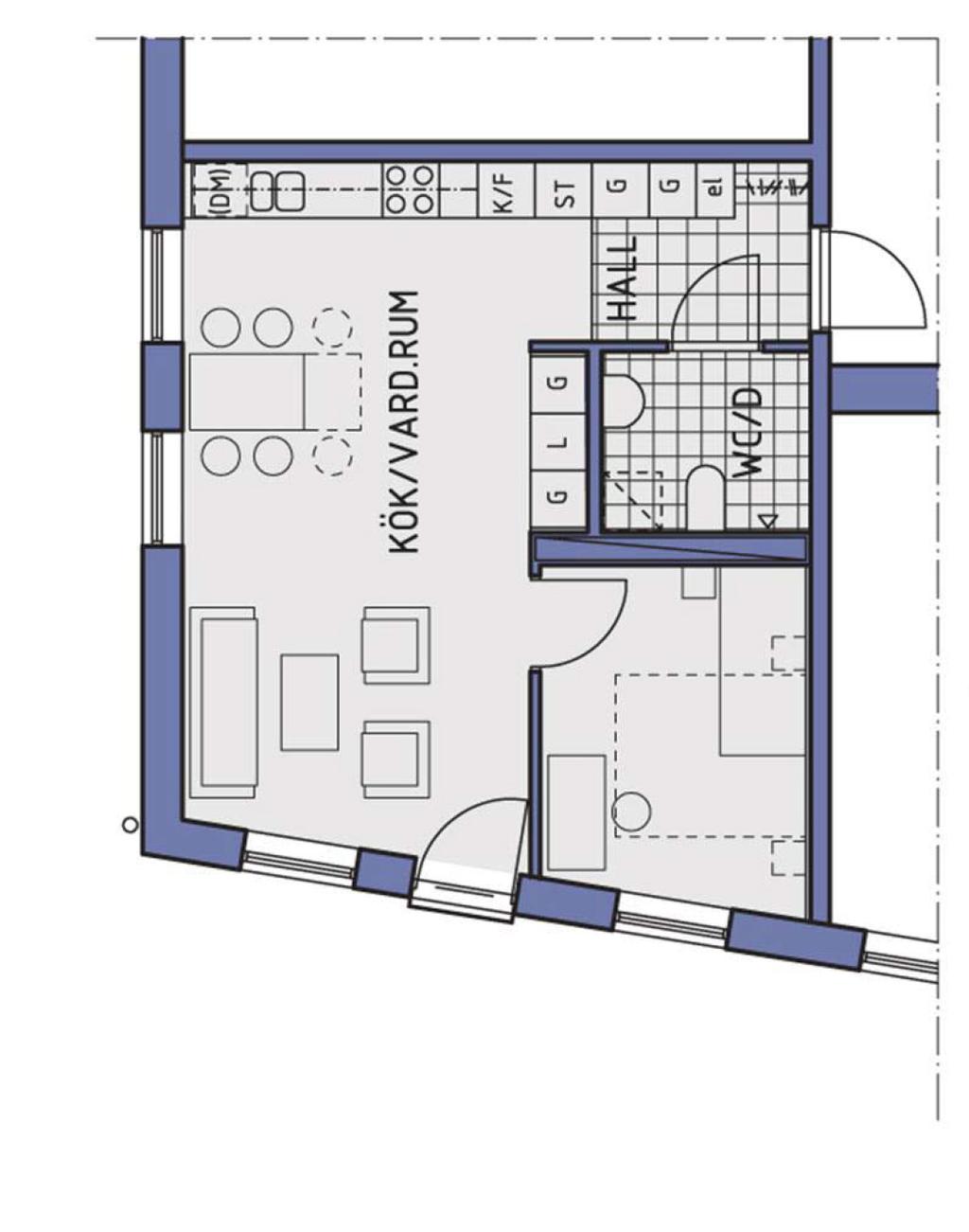 2 rok Exempel på 2 rok, ca 48 m2 Den klinkerbelagda hallen leder in till kök och vardagsrum. Härifrån når man wc/dusch och med ett fönster i fonden känns hallen ljus.