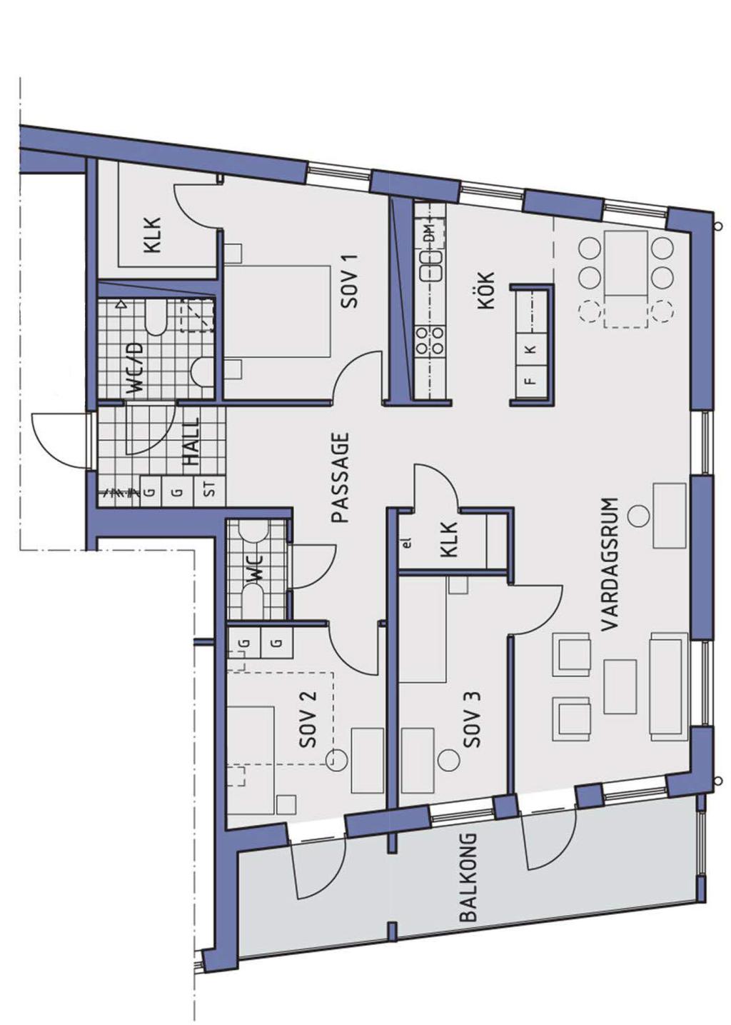 4 rok Exempel på 4 rok, ca 109 m2 Den klinkerbelagda hallen leder in till vardagsrummet. Härifrån når man wc/dusch och med ett fönster i fonden känns hallen ljus.