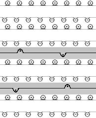 De ljusgråa partierna illustrerar distanstråden. Figur 7.. Prov 1. Binder i intervall 2:2: Distanstråden binder i intervall om två maskrader efter varandra Figur 8. Rapport av Prov 3.