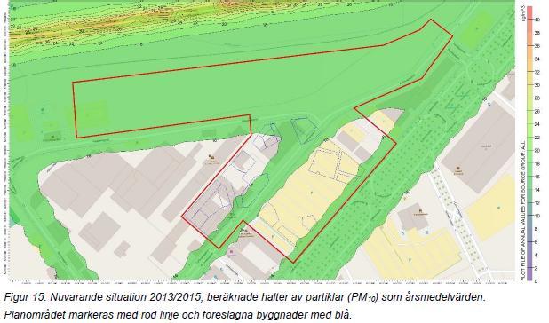24 Spridningsberäkningar av luftburna partiklar (PM 10 ) På bild 29 och 30 visas kartor över årsmedelvärden av luftburna partiklar på upp till 10 mikrometer (PM 10 ) 4 för scenarierna nuvarande