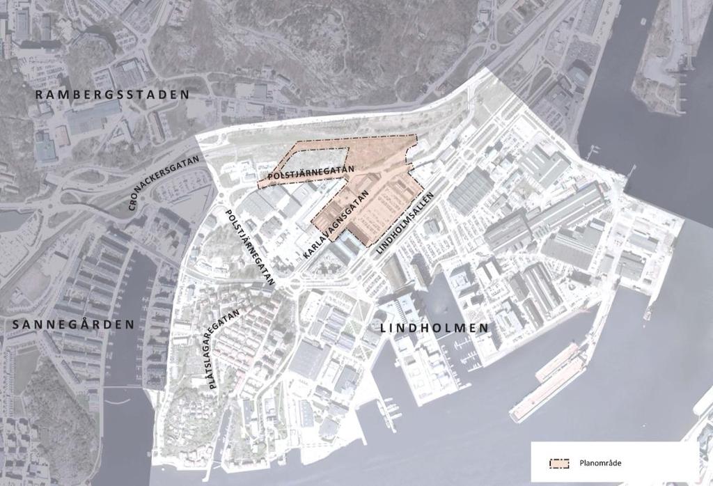 5 Bild 2. Bilden visar Karlavagnsplatsen centralt placerad på Lindholmen. Norrut stiger terrängen mot Ramberget. I söder rinner Göta älv.