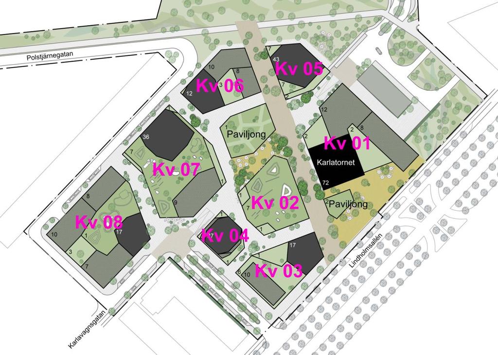 7 Bild 4. Illustrationen visar fotavtrycket av Karlavagnsplatsen med kvartersstrukturen. Pilarna i blått och grönt indikerar gatunätets huvudriktning.