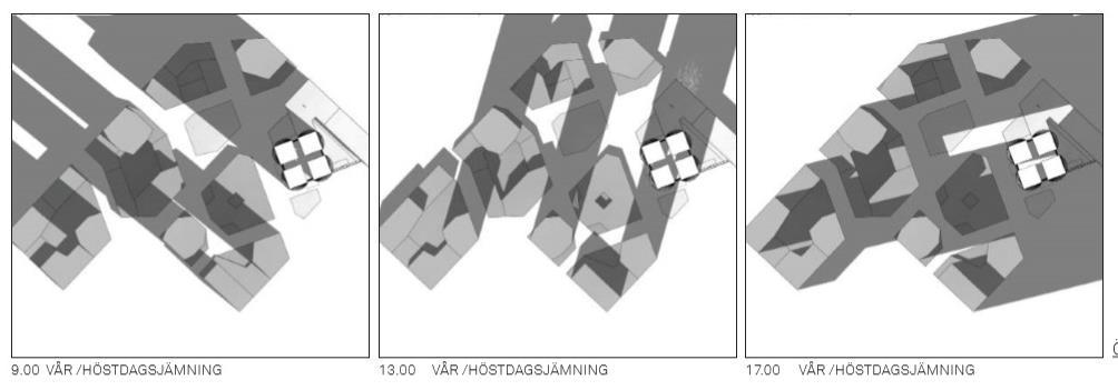 17 Bild 16. Undersökning av sol/skugga vid vår- och höstdagjämning. Vår- och höstdagjämning. Klockan 09.00 och 13.00 kastar alla höghus långa skuggor mot väst och norr.