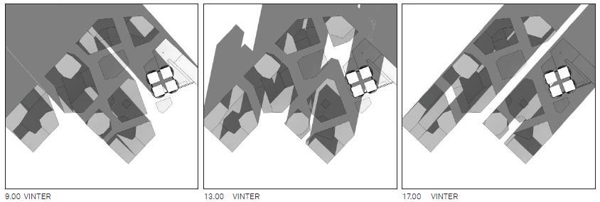 18 Bild 18. Sol-/skuggstudie under vinterhalvåret. Midvinter. Klockan 09.00 är det skugga i hela området förutom en smal strimma väster om Karlatornet. Klockan 13.