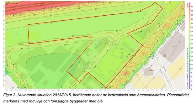 24 På bild 27 och 28 visas kartor över årsmedelvärden av kvävedioxid för två av scenarierna nuvarande situation och 2035.