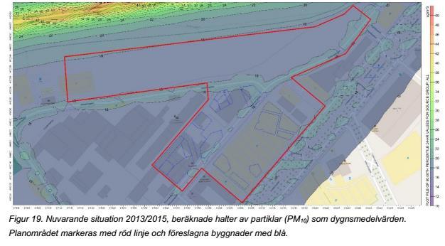 25 På bild 29 och 30 visas kartor över årsmedelvärden av luftburna partiklar på upp till 10 mikrometer (PM 10 ) för scenarierna nuvarande situation och 2035 där Lundbyleden