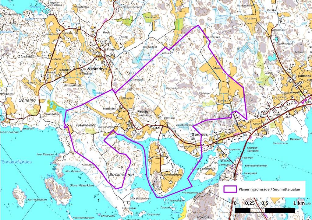 Viss samt bygatan. Med beteckningen har man anvisat det öppna åkerområdet Storhagen norr om Finnäs by.