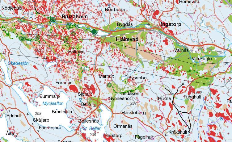 hel del bebyggelse på avlagringen. Områden med berg i dagen ger också indikationer på begränsad mäktighet. Eksjö tätort planerar dessutom att expandera söderut över området.