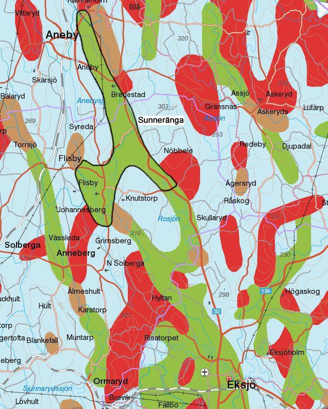 5.4. Sunneränga Sunneränga ligger vid en ca 16 km 2 stor sand- och grusavlagring som VISS benämner Aneby-Knutstorp, ca 15 km norr om Eksjö, se figur 9 nedan.