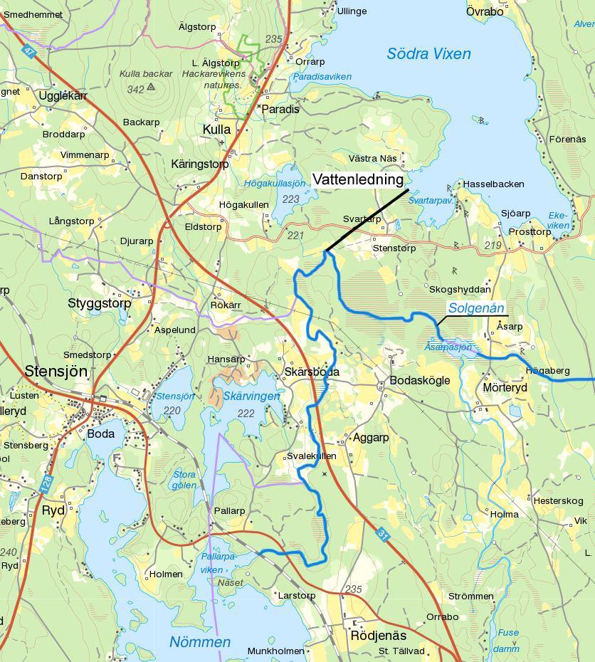 Figur 18 Principiell avledning av vatten från Nömmen (Solgenån) till Södra Vixen. Arbetsinsats, kostnad: Schaktning och anläggande av regleringsanordningar och ledning ca 1200 m beräknas till 5-8 Mkr.