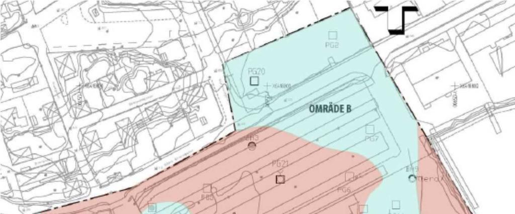 Figur 4 Delområde A respektive B enligt Norconsults indelning. Hämtat från Norconsults utredning. Notera PG22 inom den västligaste delen av delområde A.