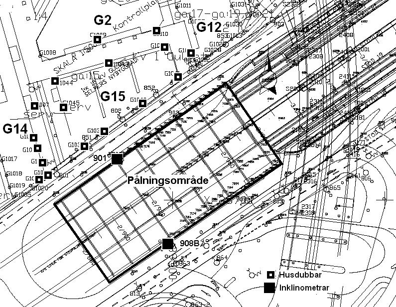 Figur 3.12 Översikt över husdubbar på byggnaderna G2, G12, G14 och G15 samt inklinometrar Resultat vertikalrörelser Hävningen i husdubbarna redovisas i Figur 3.13a-c.