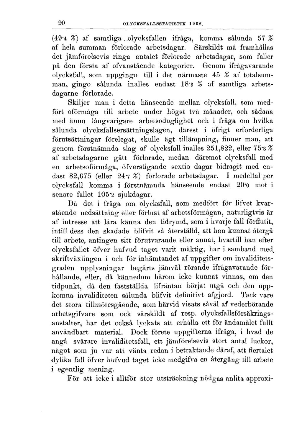 90 OLYCKSFALLSSTATISTIK 1906. (49-4 %) af samtliga...olycksfallen ifråga, komma sålunda 57 % af hela summan förlorade arbetsdagar.