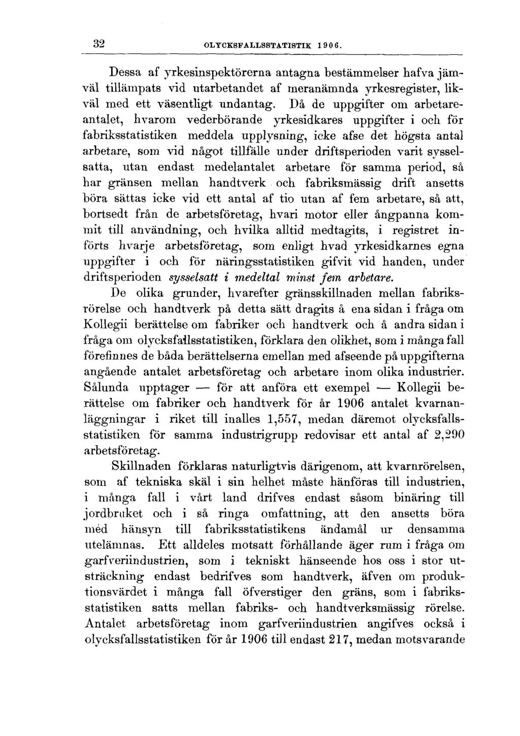 32 OLYCKSFALLSSTATISTIK 1906. Dessa af yrkesinspektörerna antagna bestämmelser hafva jämväl tillämpats vid utarbetandet af meranämnda yrkesregister, likväl med ett väsentligt undantag.