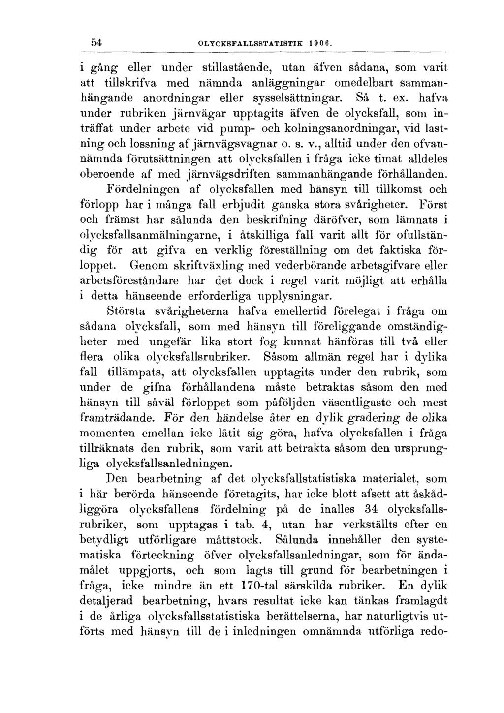 54 OLYCKSFALLSSTATISTIK 1906. i gång eller under stillastående, utan äfven sådana, som varit att tillskrifva med nämnda anläggningar omedelbart sammanhängande anordningar eller sysselsättningar. Så t.