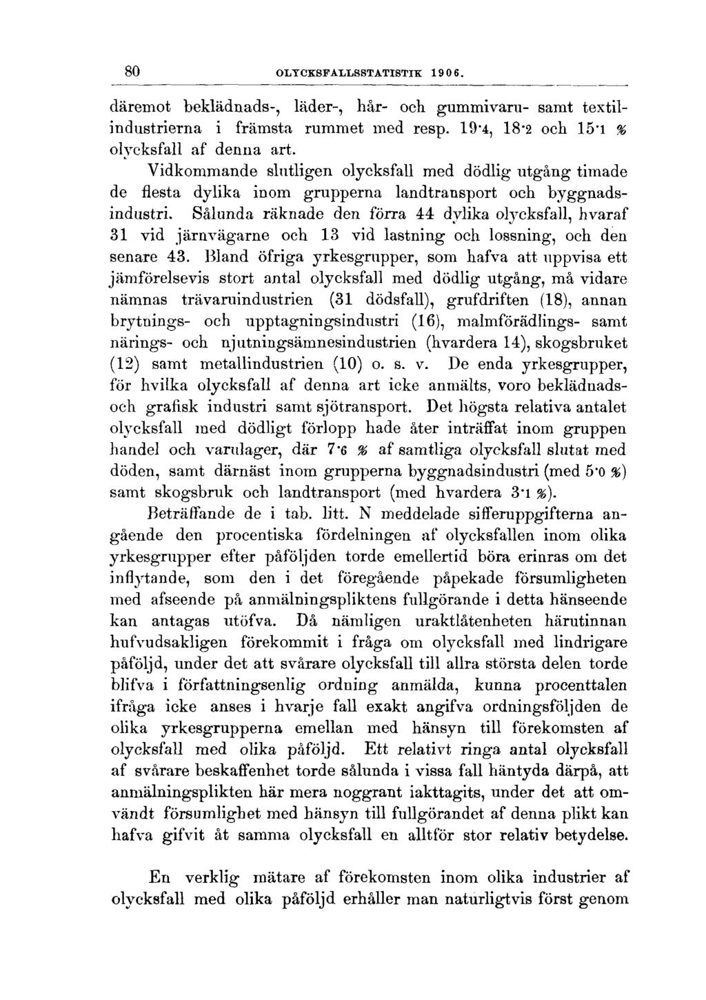 80 OLYCKSFALLSSTATISTIK 1906. däremot beklädnads-, läder-, hår- och gummivaru- samt textilindustrierna i främsta rummet med resp. 19"4, 18'2 och 15 - l % olycksfall af denna art.