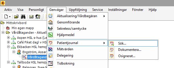 och klickar på sök. I fönstret sök journal görs det urval som önskas. Bocka för de datum, sökord, verksamhetsroller och organisatoriska enheter (boenden) som sökningen gäller.