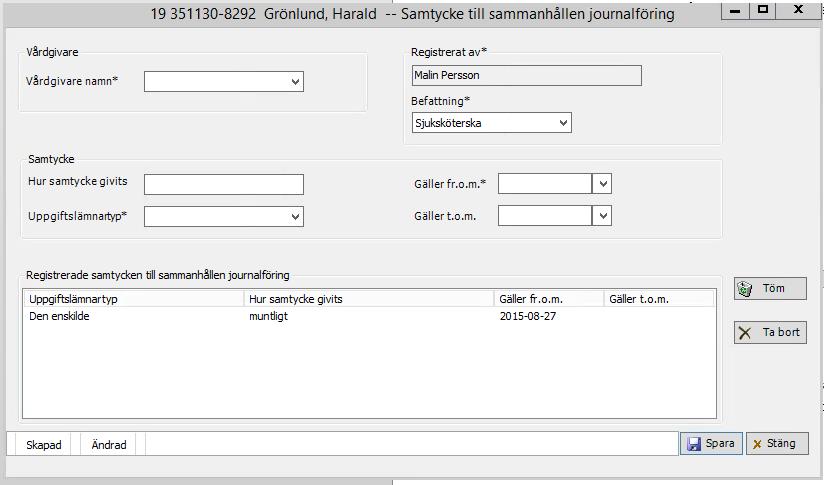 Titta i samtyckesmodulen om samtycke för sammanhållen journalförning finns inhämtat. För att registrera samtycke till sammanhållen journalföring i Treserva.