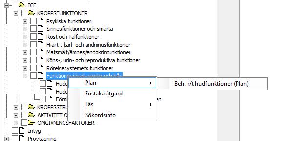 Öppna journalen och markera det sökord där vård- eller rehabiliteringsplan ska upprättas. Vård/rehabiliteringsplan skapas från rubriken på varje kapitel i ICF-sökorden.