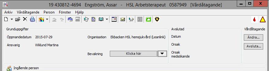 Klicka på sammanställ. Ange avslutsdatum. Välj avslutsorsak. Klicka på avsluta vårdåtagande.
