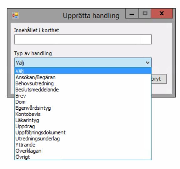 Nästa dialogruta Upprätta handling, fyll i Innehållet i korthet vad dokumentet avser Typ av handling, gäller det beslut för egenvård välj Egenvårdsintyg. Andra dokument välj Övrigt.