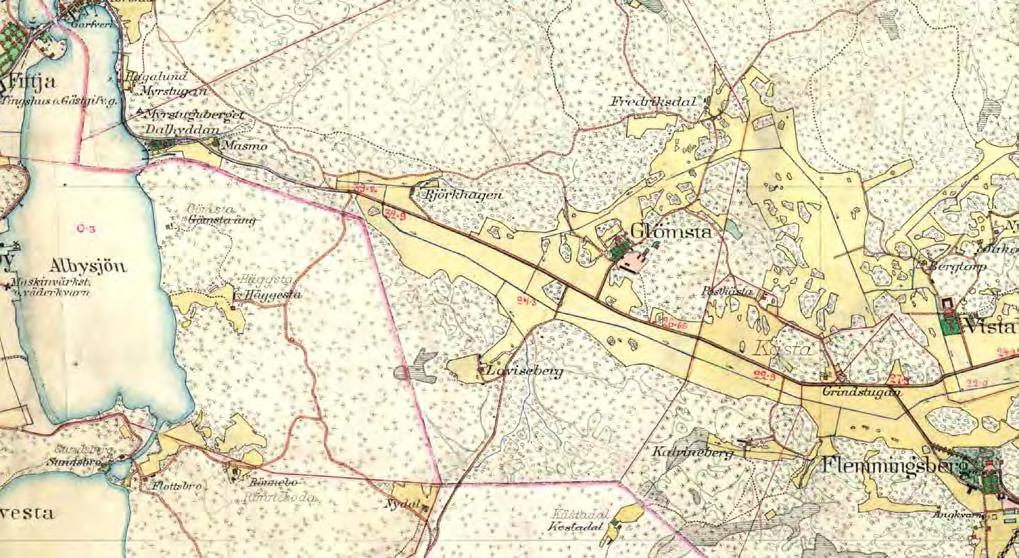 GAMLA STOCKHOLMSVÄGEN Flemingsbergs säteri var på 1840-talet en storskalig egendom med mark som sträckte sig från sjön Orlången till Glömstadalens centrala delar, där Glömsta säteri tog vid.